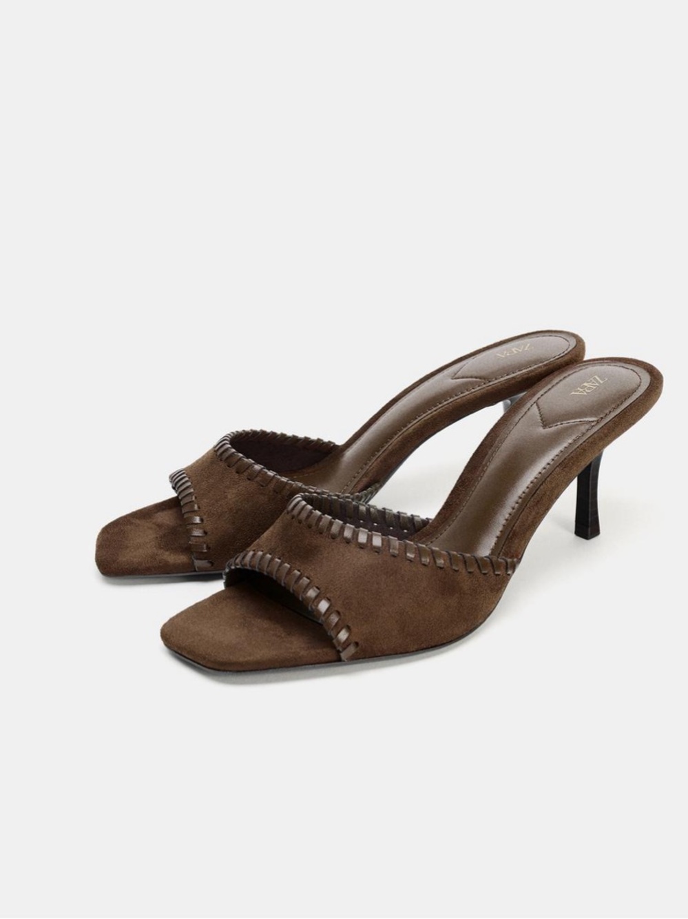 Zara Brown Suede Open-Toe Whipstitch Mule Heels